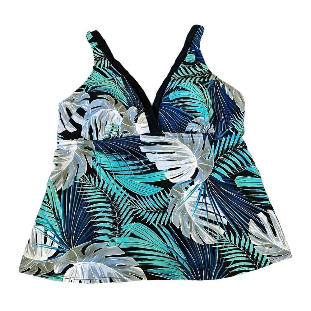 ST JOHN'S BAY Women's Swiming Tankini Black Green Leaf Padded Bra Print 22W